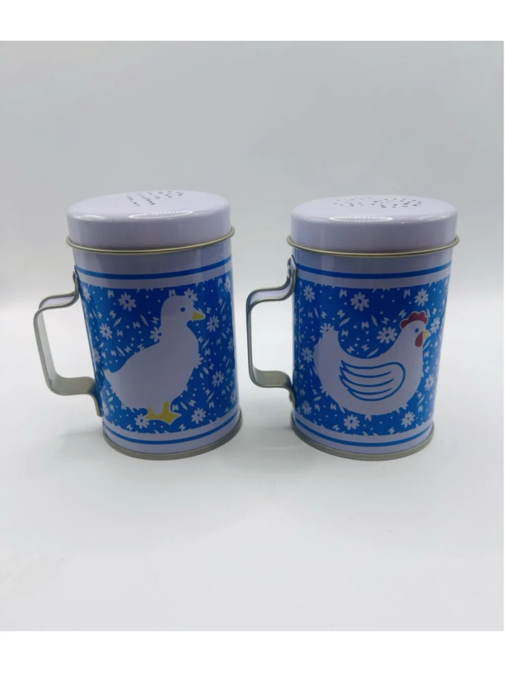 Vintage Country Calico Kitchen Salt & Pepper Shakers Tin Metal Duck Hen Blue
